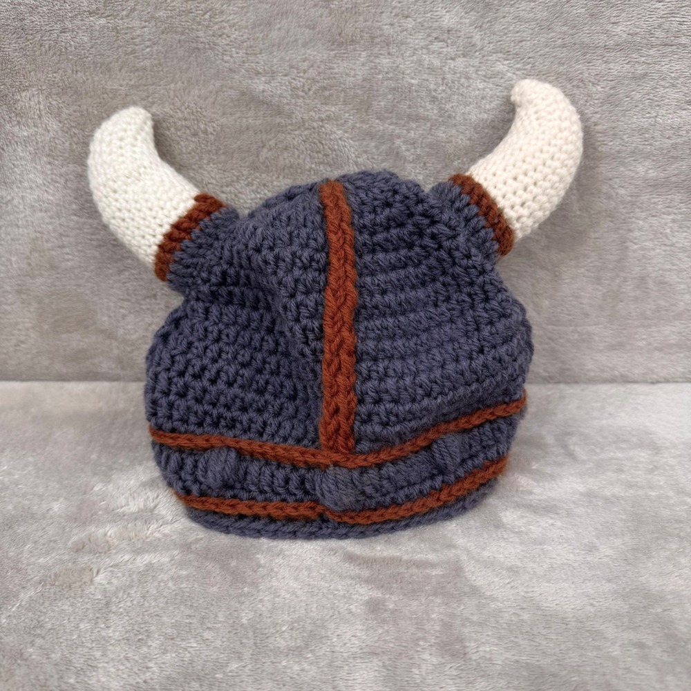 Handmade Crochet Viking Helmet Beanie with Detachable Beard Kids Grey Brown Hat